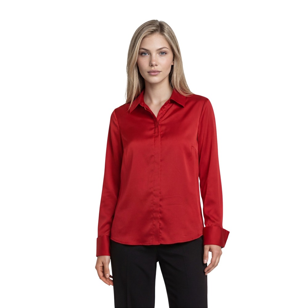 Boston Proper Red Satin Button Blouse Women's Size 6 Stretch Long Sleeve Y2K